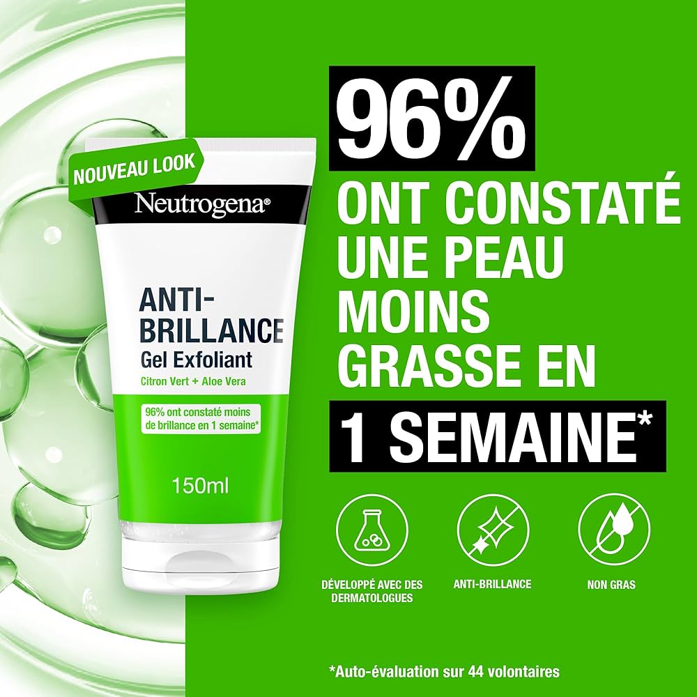 Un tube de Neutrogena Citron Exfoliant Matifiante Anti-Brillance et Anti Pore Dilates 150ML est sur fond vert avec le texte "96% ont constaté une peau moins grasse en 1 semaine" et les icônes pour dermatologist tested, anti-shine, non-greasy. Dakar