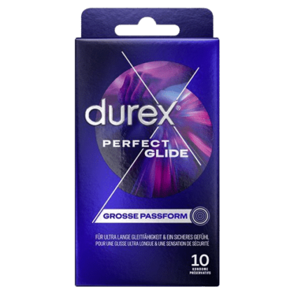 Une boîte de préservatifs "Durex Préservatifs Extra Lubrification X10 Perfect Gliss Durex" au design violet et bleu et au texte en allemand