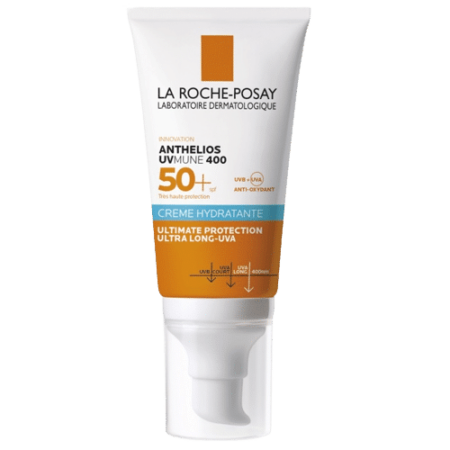 La Roche-Posay Anthelios UVMUNE 400 Ultra - Crème SPF50+ AVEC Parfum 50 ml se présente dans un tube blanc rehaussé de touches d'orange et de bleu. L'emballage met en valeur la mention "Crème Hydratante", qui offre une protection supérieure contre les rayons UVA ultra-longs. Dakar