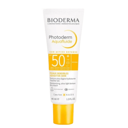 Tube de 40 ml de crème solaire Bioderma Photoderm MAX Aquafluide SPF 50+ Matifiante, idéale pour le climat ensoleillé de Dakar, au Sénégal, qui offre une défense solaire active grâce à sa texture hydratante et ultra-légère. Le tube blanc est orné d'un texte orange et noir. Dakar