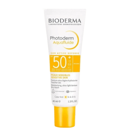 Tube de 40 ml de crème solaire Bioderma Photoderm MAX Aquafluide SPF 50+ Matifiante, idéale pour le climat ensoleillé de Dakar, au Sénégal, qui offre une défense solaire active grâce à sa texture hydratante et ultra-légère. Le tube blanc est orné d'un texte orange et noir. Dakar