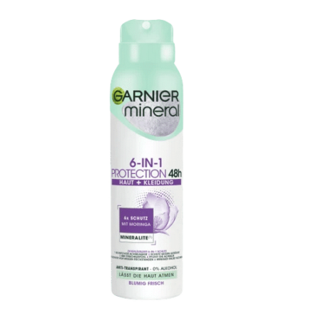 Découvrez le Déodorant Femme Anti-Transpirant Protection 6 En 1 150 ml de GARNIER, au design vert clair et blanc rafraîchissant. Ce déodorant est idéal pour rester au frais à Dakar ou partout au Sénégal. Il offre une protection fiable de 48 heures et comprend du moringa et de la minéralite dans sa formule. Il est à la fois anti-transpirant et sans alcool. Dakar