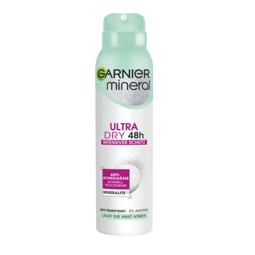 Une bombe aérosol verte et blanche de GARNIER Déodorant femme Anti-transpirant Ultra Sec 48H offre une protection de 48 heures, inspirée de l'esprit vibrant de Dakar. L'étiquette comporte les mentions « intensiver schutz » et « lässt die haut atmen », soulignant sa protection intense et la respirabilité de la peau. Dakar
