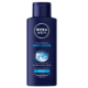 Flacon bleu foncé de NIVEA MEN Lait de Corps, 250 ml. L'étiquette, ornée de motifs ondulés et de détails de produit allemands, met l'accent sur la « vitamine E » et assure qu'elle « zieht schnell ein » pour une absorption rapide. Découvrez dès aujourd'hui les effets revitalisants de NIVEA MEN Lait de Corps. Dakar
