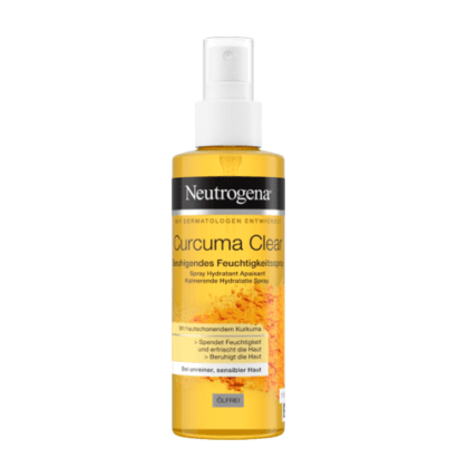 Un flacon de NEUTROGENA Curcuma Brume Apaisante 125 ml est idéal pour le climat dynamique de Dakar. Le flacon transparent révèle un liquide jaune et est livré avec un distributeur à pompe pratique. L'étiquette, avec un texte en allemand, met l'accent sur le curcuma et les bienfaits apaisants du produit. Dakar