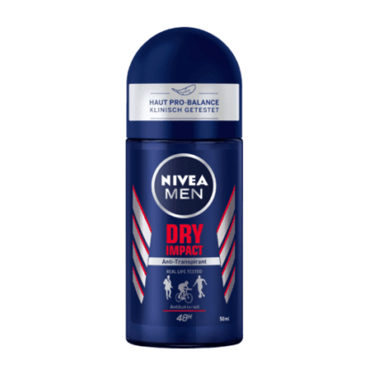 Le Déodorant Homme Roll On Anti transpirant DRY IMPACT de NIVEA MEN présente un design bleu foncé et rouge saisissant, mettant en valeur la protection « 48H » et les tests cliniques « Haut Pro-Balance », avec une contenance de 50 ml. Dakar
