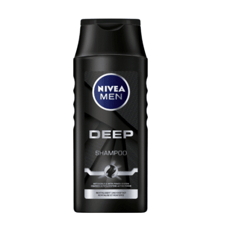 Flacon noir de Shampoing Homme DEEP (profond) NIVEA MEN de 250 ml, avec logo bleu et blanc. Il est doté d'une poignée texturée et promet un nettoyage en profondeur. Dakar