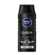 Flacon noir de Shampoing Homme DEEP (profond) NIVEA MEN de 250 ml, avec logo bleu et blanc. Il est doté d'une poignée texturée et promet un nettoyage en profondeur. Dakar