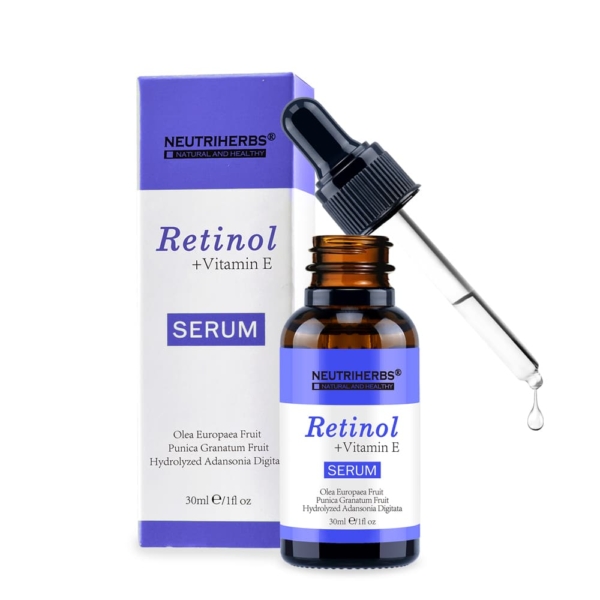 Un flacon de 30 ml de Sérum de Rétinol anti-âge NEUTRIHERBS avec compte-gouttes se trouve à côté de son emballage. Son étiquette met en valeur des ingrédients tels que le fruit d'Olea Europaea et le fruit de Punica Granatum, promettant de rajeunir votre peau grâce à la puissante combinaison de rétinol et de vitamine E. Dakar