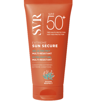 SVR Sun Secure Extreme Gel Ultra Mat Multi Résistant SPF 50+ (50 ml) est présenté dans un tube orange. L'étiquette met en avant ses caractéristiques ultra-mates et multi-résistantes, conçues pour les conditions extrêmes. Axée sur le respect des océans, cette crème solaire offre une protection solaire maximale avec une approche éco-responsable. Dakar