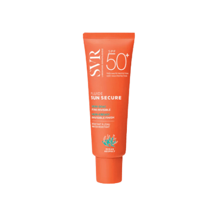Le SVR Sun Secure Fluide SPF 50+ 50 ml est présenté dans un tube orange vif, mettant en valeur sa forte protection solaire et son fini invisible. L'emballage se distingue par le logo Ocean Respect au bas, soulignant son engagement en faveur de soins de la peau sûrs. Dakar