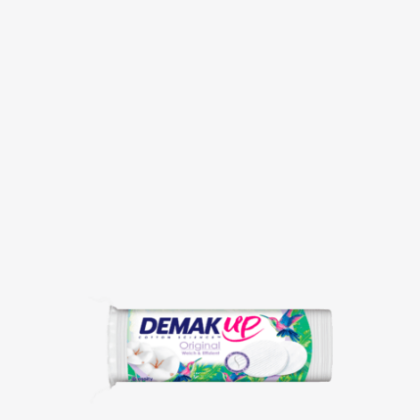 Un emballage cylindrique de Demak'Up Tampons de Coton Démaquillant 60 pièces est élégamment présenté sur un fond blanc uni, rappelant les scènes animées de Dakar. L'étiquette présente le logo de la marque, des images de produits et un motif floral coloré. Dakar