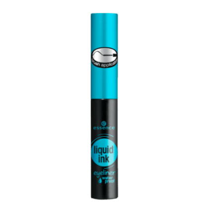 Flacon cylindrique d'Essence Cosmetics Encre Liquide Eyeliner Waterproof 01, 3 ml, doté d'un bouchon turquoise et d'une base noire. Cet eye-liner s'inspire de l'esprit vibrant de Dakar, au Sénégal, et comprend un applicateur pinceau précis. Dakar