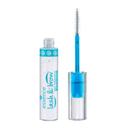 Le tube de **Essence Cosmetics Mascara Gel pour sourcils et cils 9 ml** est doté d'un capuchon qui révèle un applicateur à pinceau recouvert d'un gel bleu transparent. L'emballage, qui capture l'essence vibrante de Dakar, présente une base blanche avec du texte et des détails turquoise. Dakar