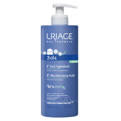 Le Lait Hydratant Bébé 1er d'URIAGE, 500 ml, est présenté dans un flacon avec pompe et arbore une étiquette aux couleurs bleu et blanc. Ce premier lait hydratant est élaboré avec 97% d'ingrédients d'origine naturelle, ce qui le rend idéal pour une utilisation sur le corps, le visage et les mains. Dakar