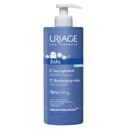 Le Lait Hydratant Bébé 1er d'URIAGE, 500 ml, est présenté dans un flacon avec pompe et arbore une étiquette aux couleurs bleu et blanc. Ce premier lait hydratant est élaboré avec 97% d'ingrédients d'origine naturelle, ce qui le rend idéal pour une utilisation sur le corps, le visage et les mains. Dakar