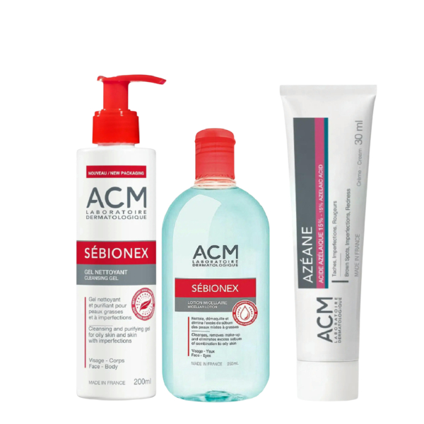 Le Trio Peau Grasse d'Acm Laboratoire comprend un gel nettoyant, une eau micellaire et une crème Boréade Anti Imperfection offerte en cadeau. Dakar