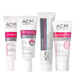 La gamme Acm Depiwhite Routine Complete Soin Visage Anti-Tache comprend quatre produits ACM Laboratoire Dermatologique - Dépiwhite gel, Dépiwhite Advanced cream, Azéane cream et Dépiwhite peel-off mask - présentés dans des tubes blancs élégants avec des étiquettes roses et grises. Dakar