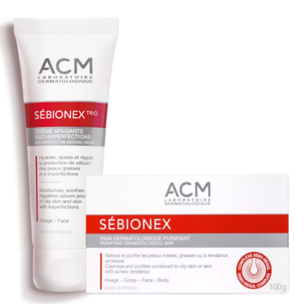 Un tube et une boîte de Acm Laboratoire Duo Soin Anti Boutons Et Point Noirs (Savon + Crème) pour les soins de la peau