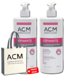Deux bouteilles d'Acm Dépiwhite Lait Corporel Éclaircissant Duo 2 x 500 ml + Sac OFFERT à côté d'un sac fourre-tout de marque ACM avec une étiquette rouge indiquant « Produit Offert ». Découvrez des soins de qualité et pas cher