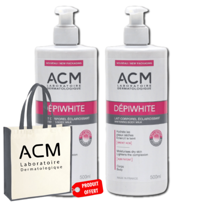 Deux bouteilles d'Acm Dépiwhite Lait Corporel Éclaircissant Duo 2 x 500 ml + Sac OFFERT à côté d'un sac fourre-tout de marque ACM avec une étiquette rouge indiquant « Produit Offert ». Découvrez des soins de qualité et pas cher
