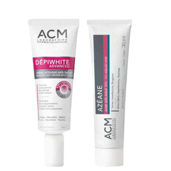 Deux produits de soin ACM Laboratoire Dermatologique Acm Depiwhite Pack Soin Visage Anti Tâche 2 dans des tubes blancs se tiennent debout sur un fond blanc. Dakar