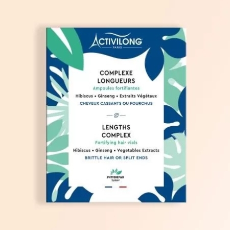 L'emballage des ampoules fortifiantes Activilong Paris Complexe Longueurs (4 x 10 ml) arbore un motif végétal vibrant. Ce produit, décrit en français et en anglais, comprend des ampoules fortifiantes pour cheveux cassants ou fourchus, à base d'hibiscus, de ginseng et d'extraits végétaux. Dakar