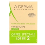 A Derma Les Indispensables Pain Dermatologique Apaisant 100g de savon pour peaux sèches et fragiles, "Offre Spéciale Lot de 2" sur un volet vert, avec ingrédients et infos en français et en anglais. Dakar