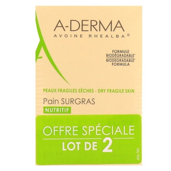 A Derma Les Indispensables Pain Dermatologique Apaisant 100g de savon pour peaux sèches et fragiles, "Offre Spéciale Lot de 2" sur un volet vert, avec ingrédients et infos en français et en anglais. Dakar