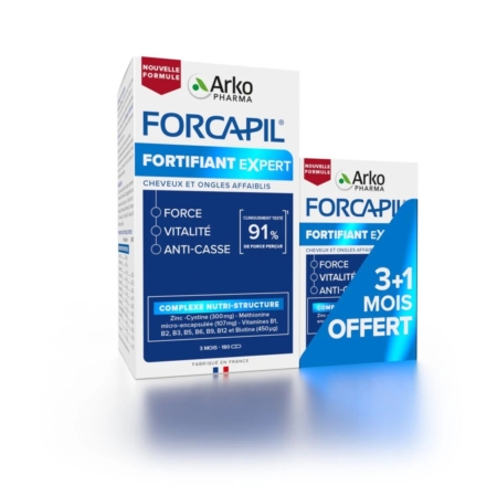Une boîte d'Arkopharma - FORCAPIL Cheveux et Ongles Formule fortifiante 180 + 60 gélules, un complément alimentaire français pour les cheveux et les ongles, présenté comme fortifiant, revitalisant et anti-casse, avec la mention « 3 + 1 mois offerts », dans un emballage principalement blanc et bleu. Dakar