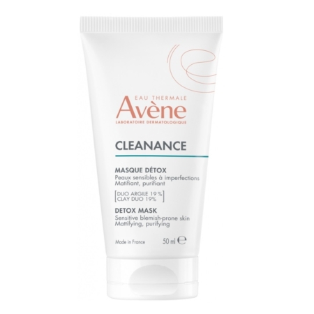 Un tube blanc de 50 ml du masque-gommage visage CLEANANCE d'Avène, destiné aux peaux sensibles et sujettes aux imperfections, orné d'un lettrage orange et noir et d'un design minimaliste, présenté comme matifiant et purifiant. Dakar