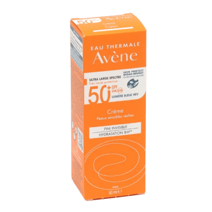 Coffret orange et blanc d'Avène Crème Spf50+ Avec Parfum Visage Peaux Sensibles et Sèches 50 ml