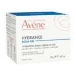 Le flacon blanc et bleu de la crème hydratante Avène HYDRANCE Aqua Gel-Crème, d'une contenance de 50 ml, met en avant l'acide hyaluronique, l'aloès et les polysaccharides comme ingrédients clés, ce qui en fait un produit idéal pour les peaux sensibles. Dakar