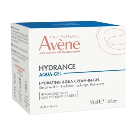Le flacon blanc et bleu de la crème hydratante Avène HYDRANCE Aqua Gel-Crème, d'une contenance de 50 ml, met en avant l'acide hyaluronique, l'aloès et les polysaccharides comme ingrédients clés, ce qui en fait un produit idéal pour les peaux sensibles. Dakar