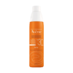 Flacon orange de Avène Crème Solaire en Spray Haute Protection SPF 30 pour peaux sensibles