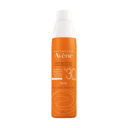 Flacon orange de Avène Crème Solaire en Spray Haute Protection SPF 30 pour peaux sensibles