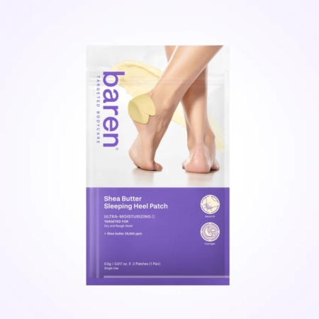 Un emballage de patch pour talons endormis au beurre de karité de baren est présenté avec Inoya Laboratoire Mon Eau Micellaire Peaux Sensibles Clean'Oya 200 ml ; les pieds nus présentent un patch pour talons, et l'emballage blanc-violet met en évidence les avantages de l'hydratation avec 2 patchs. Dakar