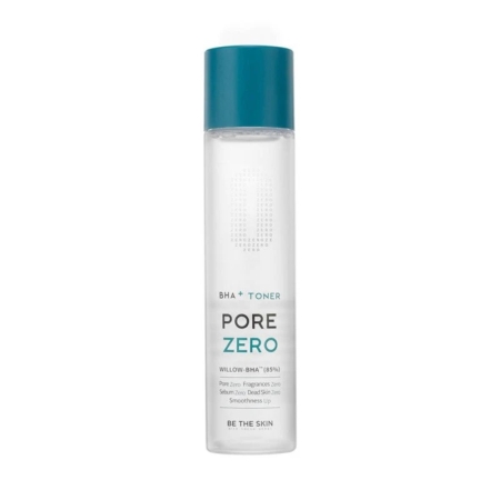 Un flacon en plastique transparent avec un bouchon sarcelle étiqueté "Be The Skin Bha+ Pore Zero Tonique Anti Imperfections 150 ml" présente un design minimaliste, offrant un soin ciblé pour ceux qui recherchent des solutions de soin raffinées. Dakar