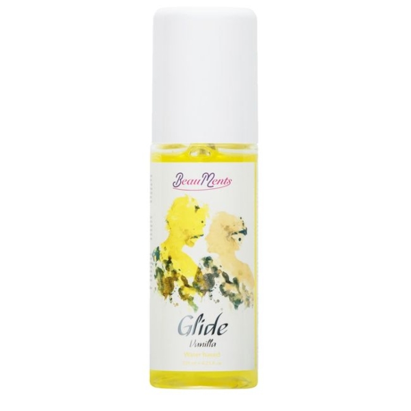 Un flacon de Gel Lubrifiant Eau Glide Vanilla avec une illustration abstraite jaune de deux personnes sur l'étiquette, un bouchon blanc et un liquide jaune à l'intérieur. Dakar
