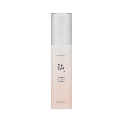 Un flacon de Beauté de Joseon Sérum Solaire Hydratant au Ginseng Spf50+ 50 ml avec un bouchon blanc et un texte coréen sur l'étiquette