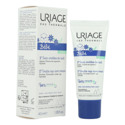 Tube et boîte de URIAGE 1er Soin Croûtes de Lait, 40 ml. L'emballage est blanc avec des touches de bleu et contient des informations soulignant son objectif pour apaiser et éliminer les croûtes de lait chez les bébés. Dakar