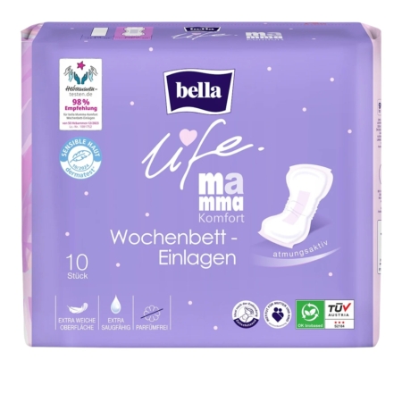 Un paquet violet de Serviettes Hygiéniques Post Partum Life Comfort (lot de 10) de Bella Mamma présente des images mettant en valeur la douceur, la capacité d'absorption et la respirabilité. Contient 10 serviettes. Dakar