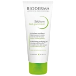 Un tube blanc de BIODERMA Sébium - Gel Gommant Exfoliant et Purifiant 75ml avec un bouchon vert, étiqueté comme un gel exfoliant et purifiant pour les peaux mixtes ou grasses qui débouche et nettoie les pores. Dakar
