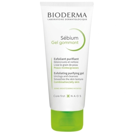 Un tube blanc de BIODERMA Sébium - Gel Gommant Exfoliant et Purifiant 75ml avec un bouchon vert, étiqueté comme un gel exfoliant et purifiant pour les peaux mixtes ou grasses qui débouche et nettoie les pores. Dakar