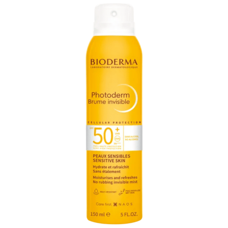Image d'un flacon jaune de 150 ml de Bioderma PHOTODERM - Brume Invisible Solaire SPF50+ - Visage et Corps. Parfaitement adapté au climat ensoleillé de Dakar, il est conçu pour les peaux sensibles et offre une haute protection avec SPF 50+. Le flacon met l'accent sur ses qualités hydratantes et rafraîchissantes, ne nécessitant aucun frottement, ce qui en fait un excellent choix pour les plages du Sénégal. Dakar