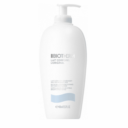 Un flacon blanc de Biotherm Lait Corporel L'Original Lait Corps Anti-Desséchant 400 ml avec pompe