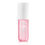 Un flacon cylindrique rose de Sol de Janeiro Brazil Crush Cheirosa '68 Brume Parfumée Corps et Cheveux pour femme 90 ml avec un bouchon blanc