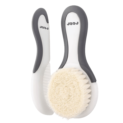 Deux Reer BabyCare Ensemble de Soins Capillaires Peigne Et Brosse blancs et gris avec poignées ergonomiques