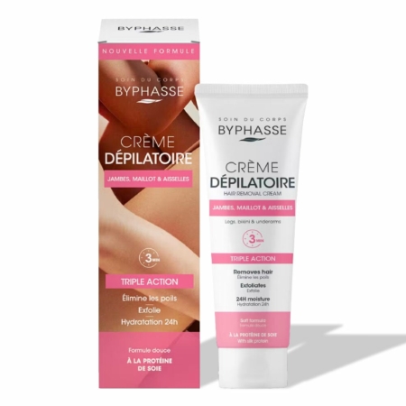 Une boîte et un tube de Byphasse Crème Dépilatoire Aux Extraits De Soie 125ml, dans un emballage rose et blanc avec un texte en français et en anglais et des images de jambes lisses et sans poils. Dakar