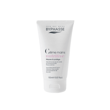 La Crème Mains Nutritive 150 ml de BYPHASSE est une crème mains nourrissante enrichie en beurre de karité et en provitamine B5, présentée dans un élégant tube blanc au texte rose et noir. Elle offre 150 ml de soin essentiel pour vos mains. Dakar